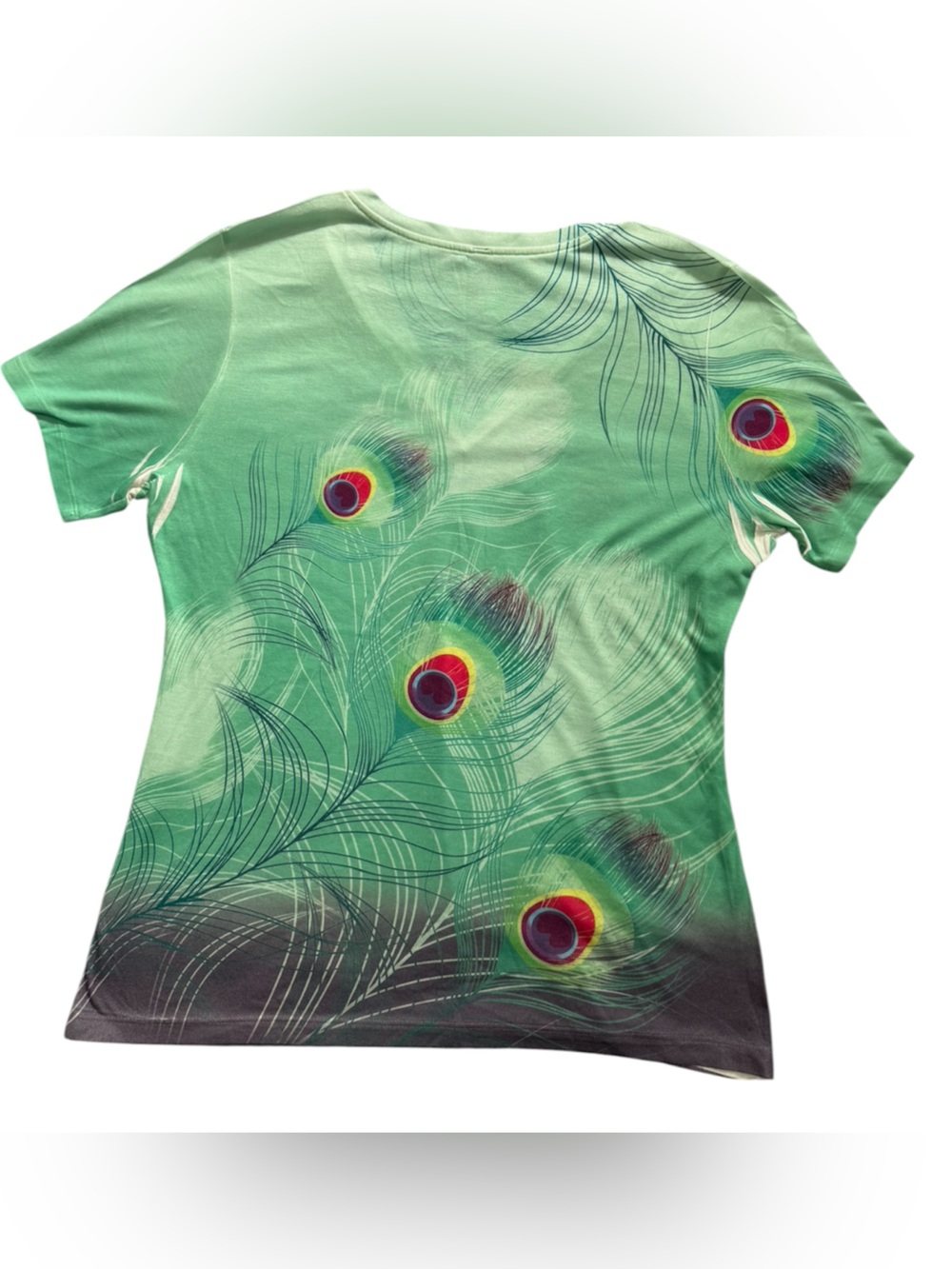 Women’s Green Peacock Feather Print Tee Size:L - Picture 4 of 4